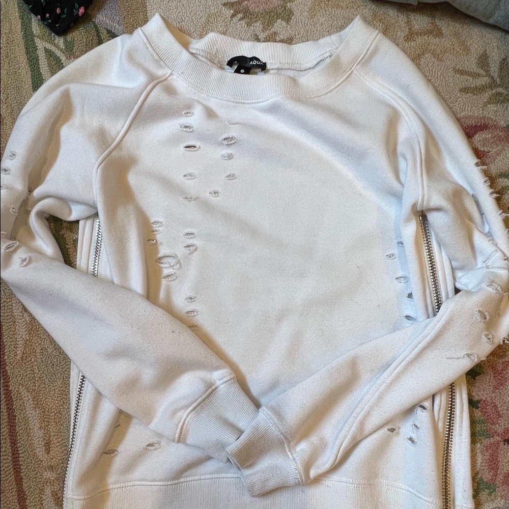 Bloomingdale’s-AQUA white ripped sweater with zipper on sides. Size XS